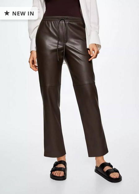 Mango - medium brown Leather-effect elastic waist trousers